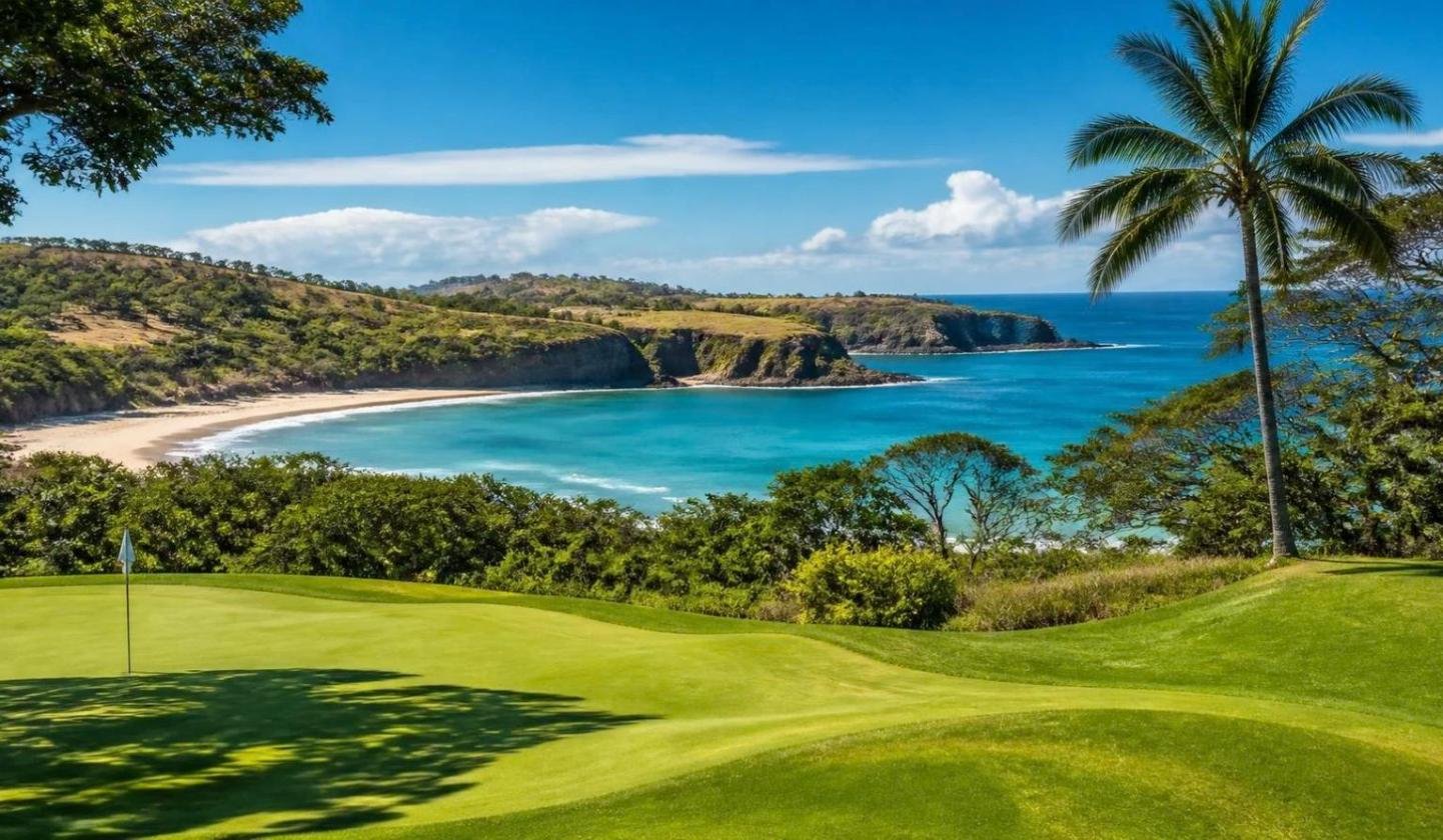 Oceanfront golf course in Guanacaste, Costa Rica, with palm trees and a Pacific bay