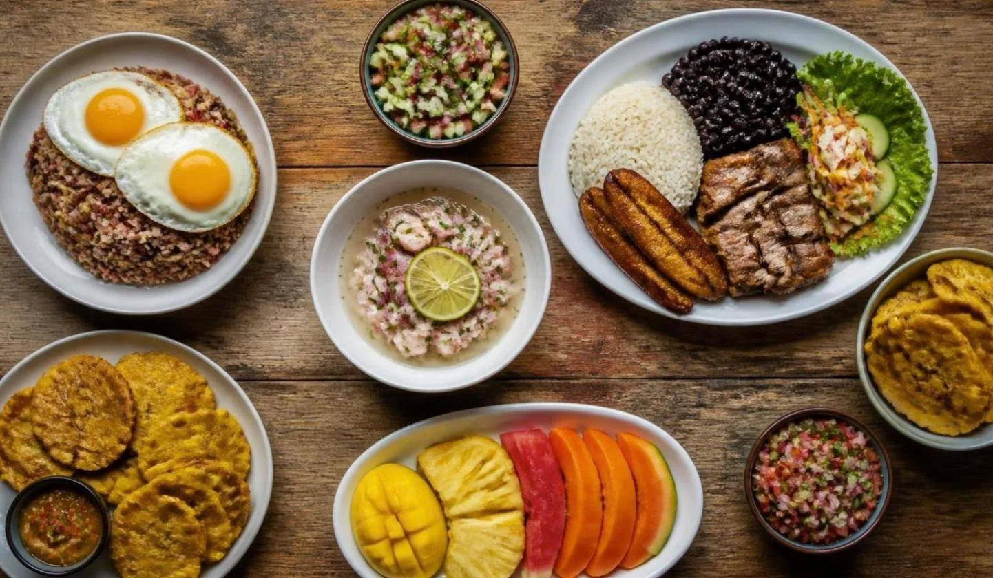 Traditional Costa Rican food in Guanacaste: gallo pinto with eggs, casado, ceviche, patacones and tropical fruit
