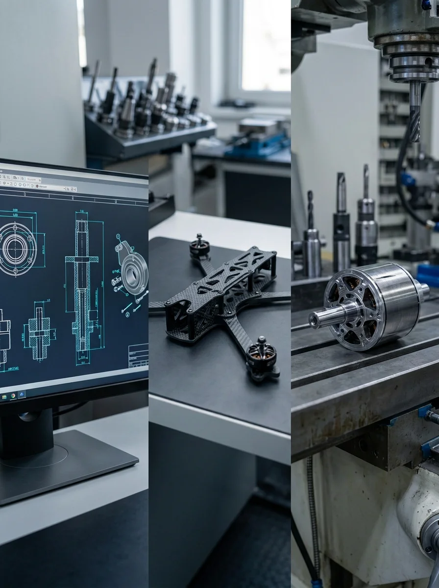 A computer monitor displaying a technical blueprint, a black carbon fiber frame with small motors, and a CNC machine working on a metal part, all indicative of an engineering or manufacturing workspace.