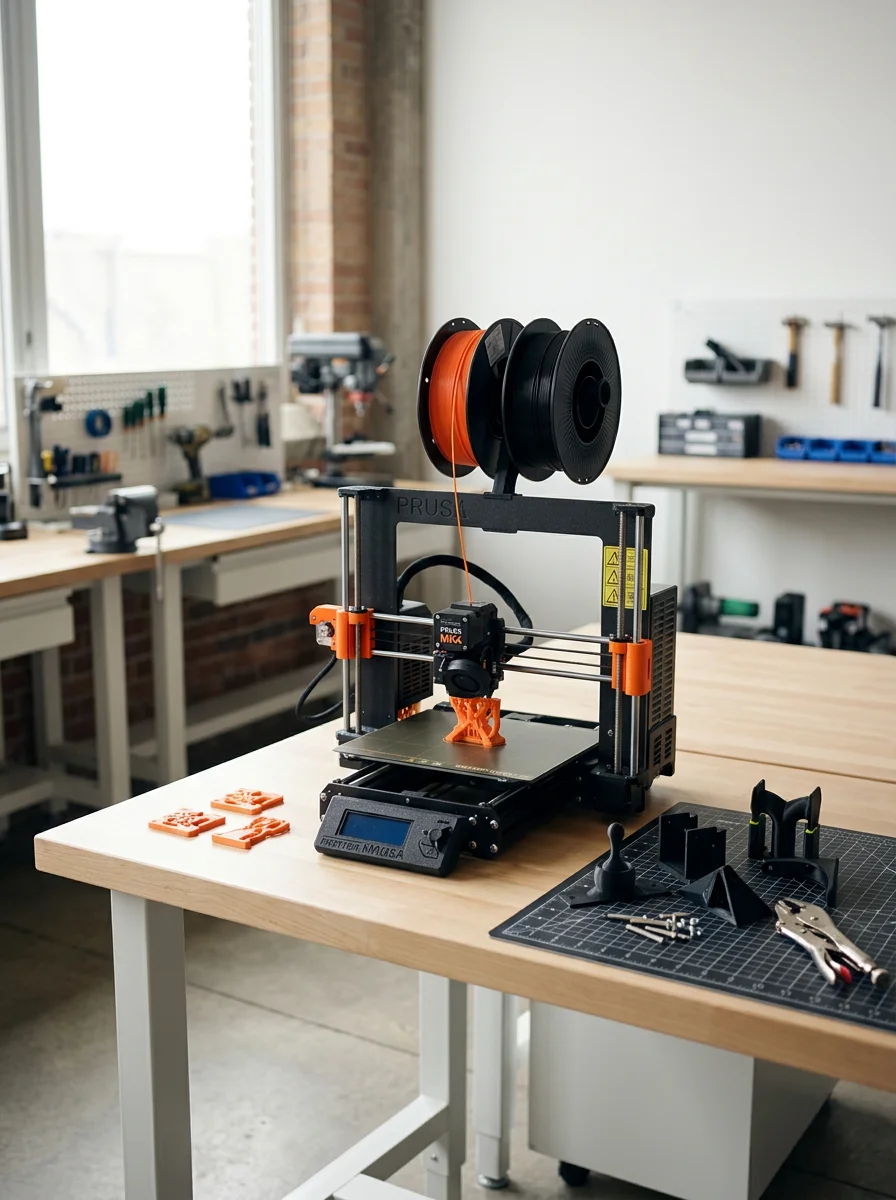 A 3D printer with orange and black filament spools on a workshop table in a well-lit workspace with tools and workbenches in the background.
