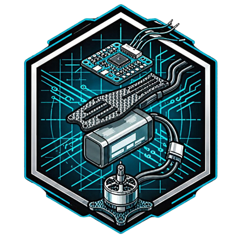 Digital illustration of electronic components, including a circuit board, a sensor, a microcontroller, and wiring, enclosed in a hexagonal frame.