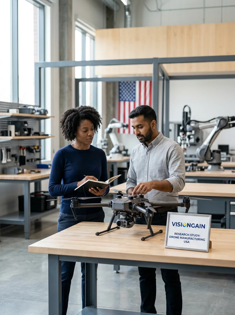 Two researchers in a laboratory working on a drone; a woman holding a notebook, a man adjusting drone controls; an American flag in the background, sign on the table reads 'VISIONGAIN Research Study: Drone Manufacturing USA'.