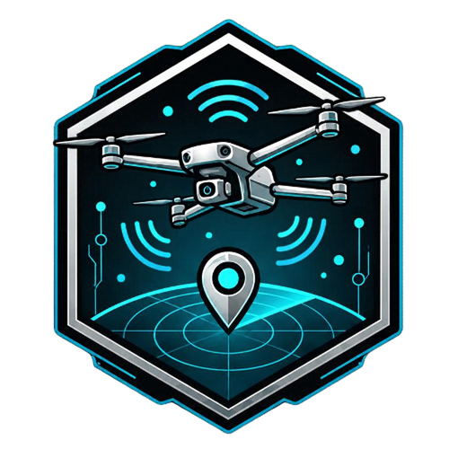 A drone flying with a GPS marker over a digital globe, surrounded by Wi-Fi signals and digital connections.