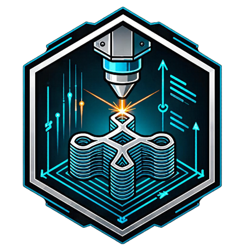 A 3D illustration of a 3D printer printing an intricate, interconnected metal object with digital data and measurement graphics surrounding it.