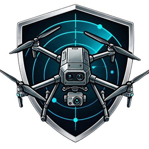 A drone with a camera mounted underneath, flying in front of a shield with a radar target background.