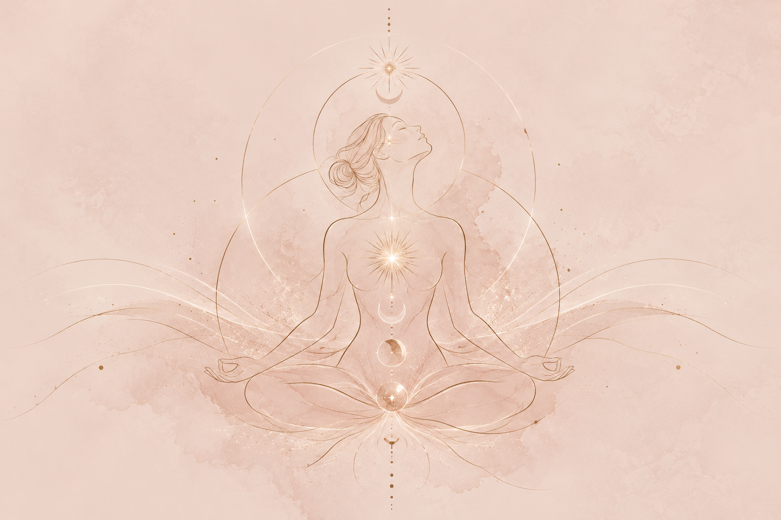 Ein meditierende Frau in einer Lotus-Position, umgeben von Linien, Kreisen und kosmischen Symbolen in Rosé- und Goldtönen, die die Chakren und Energien repräsentieren.