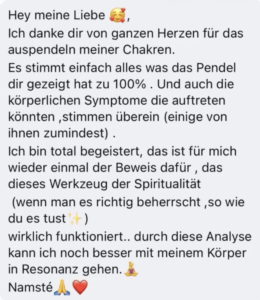 Ein Text auf Deutsch, der sich an eine geliebte Person richtet, Dankbarkeit für Spirit-Werkzeuge ausdrückt und persönliche Erfahrungen mit positiven körperlichen und spirituellen Symptomen teilt, inklusive Emoji