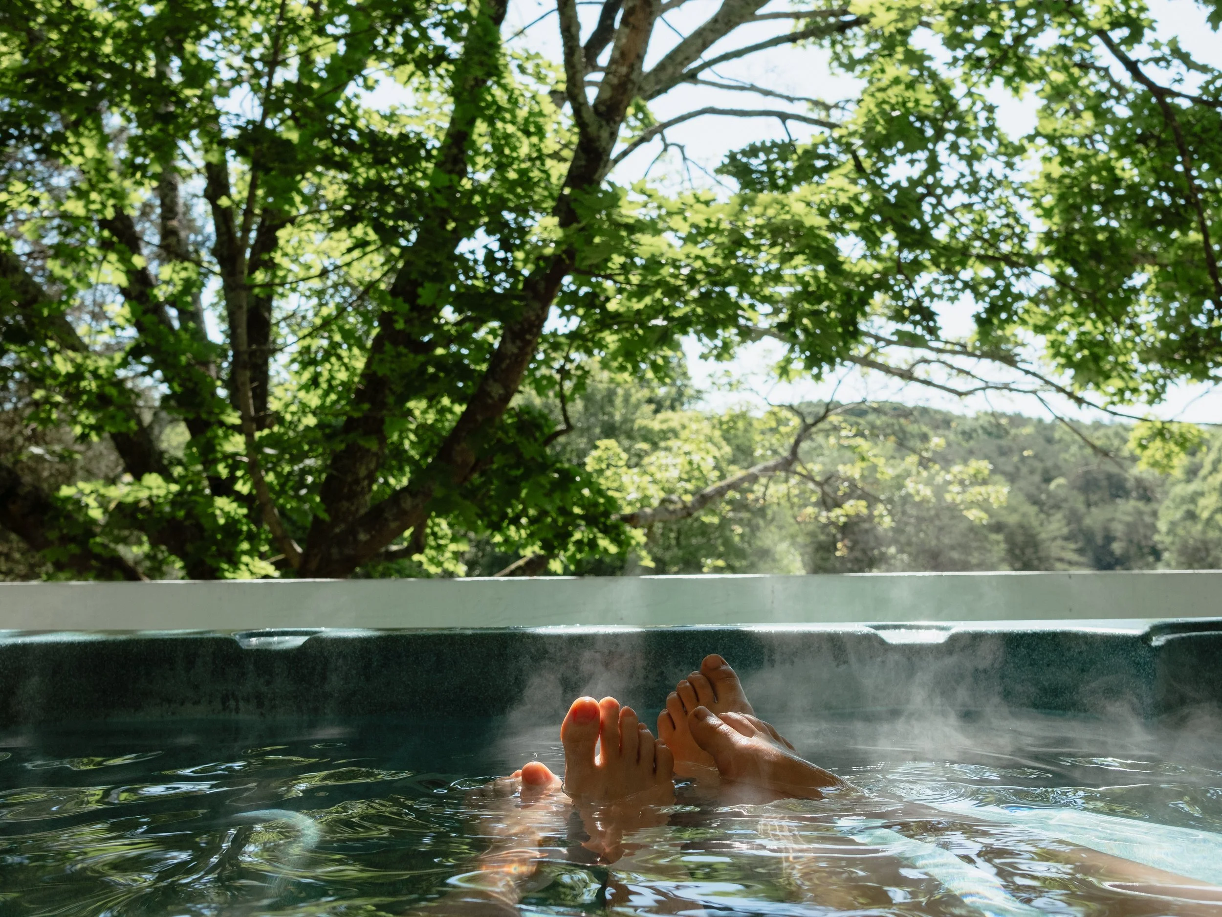 Person relaxing in a hot tub or pool with feet visible, overlooking a lush green, leafy tree canopy and blue sky.