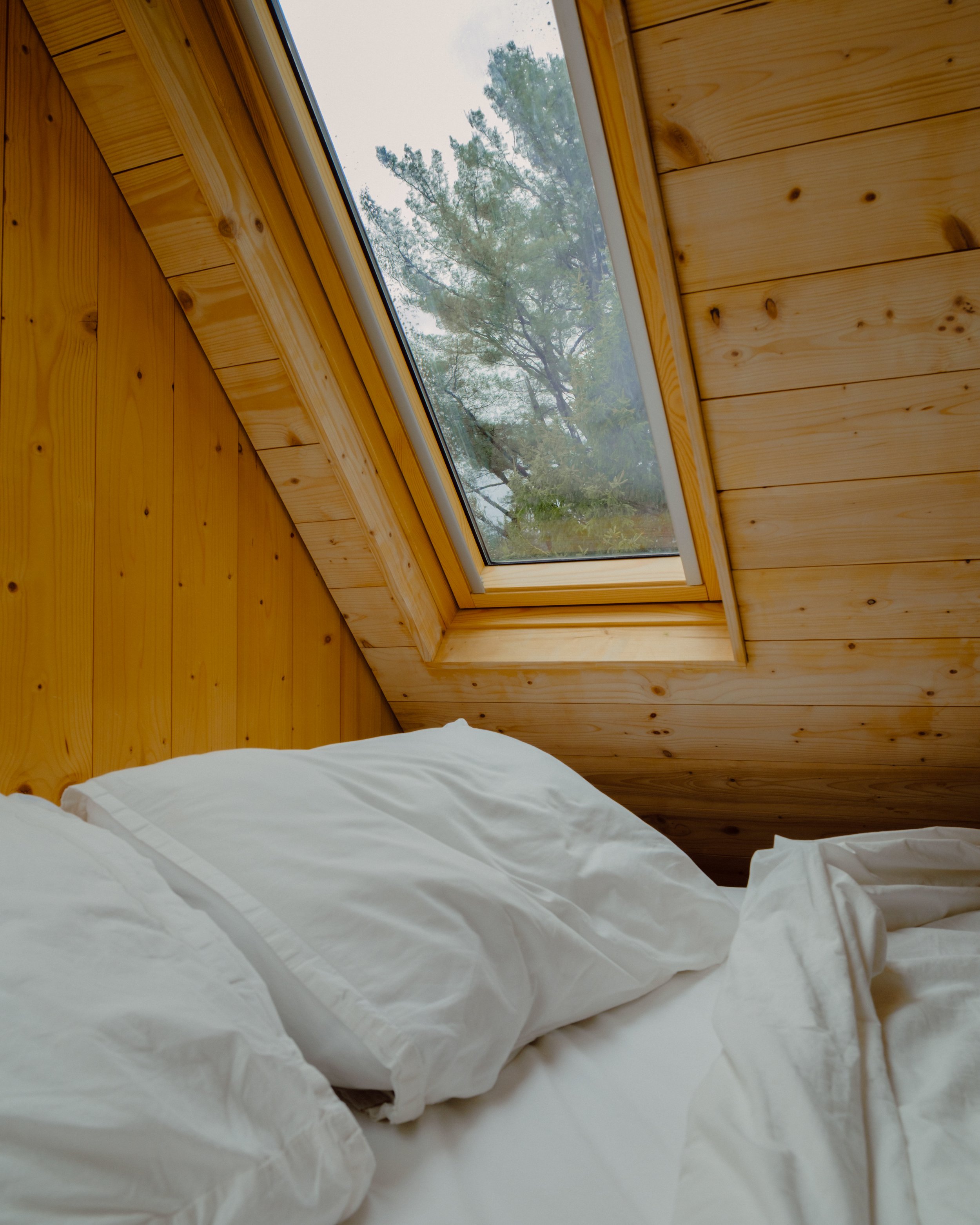 A bedroom with white bedding and three large pillows, adjacent to a wooden wall and a skylight window showing trees outside.
