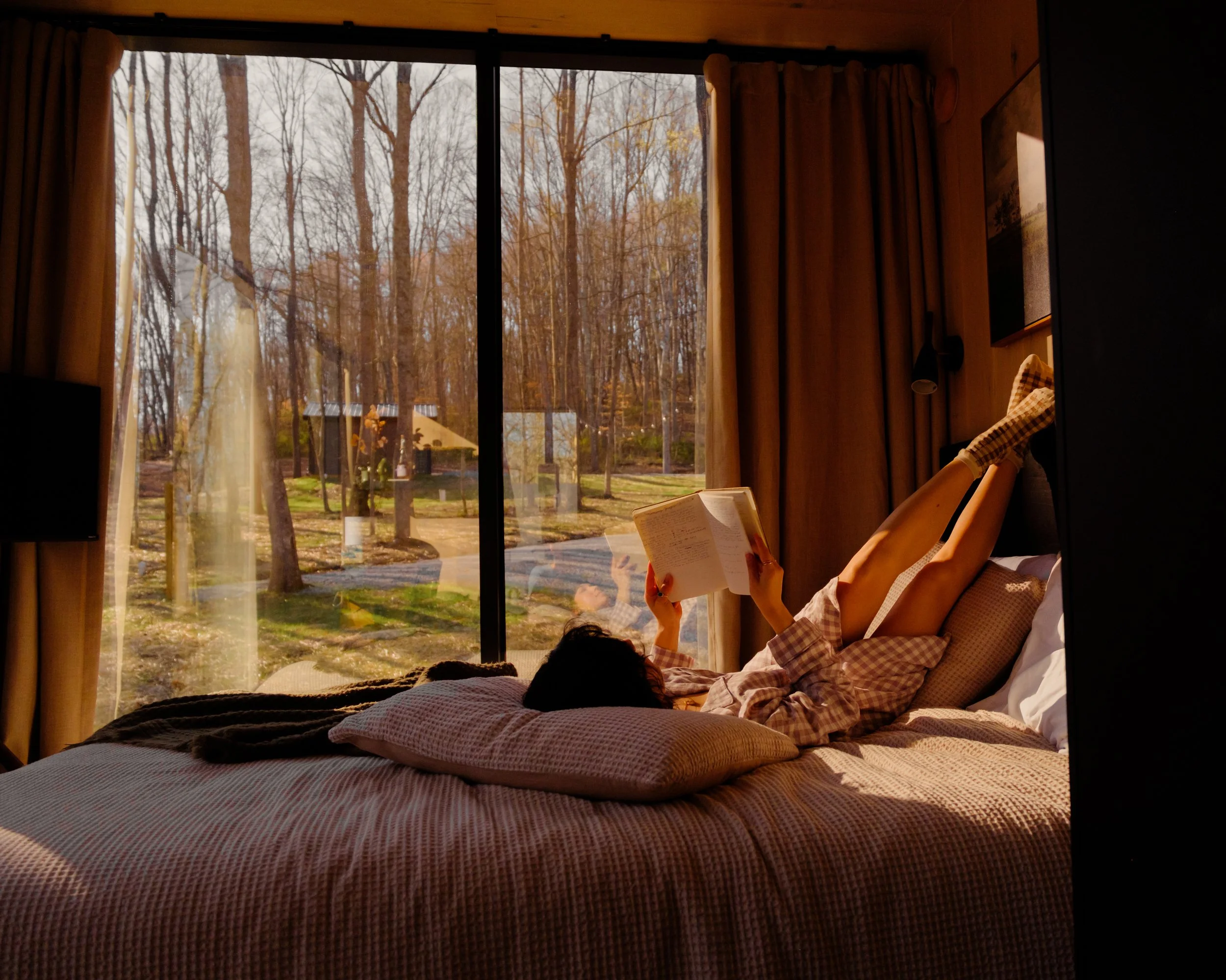 Person lying on bed reading a book, visible from the side, next to a large window showing trees and a sunny day outside.
