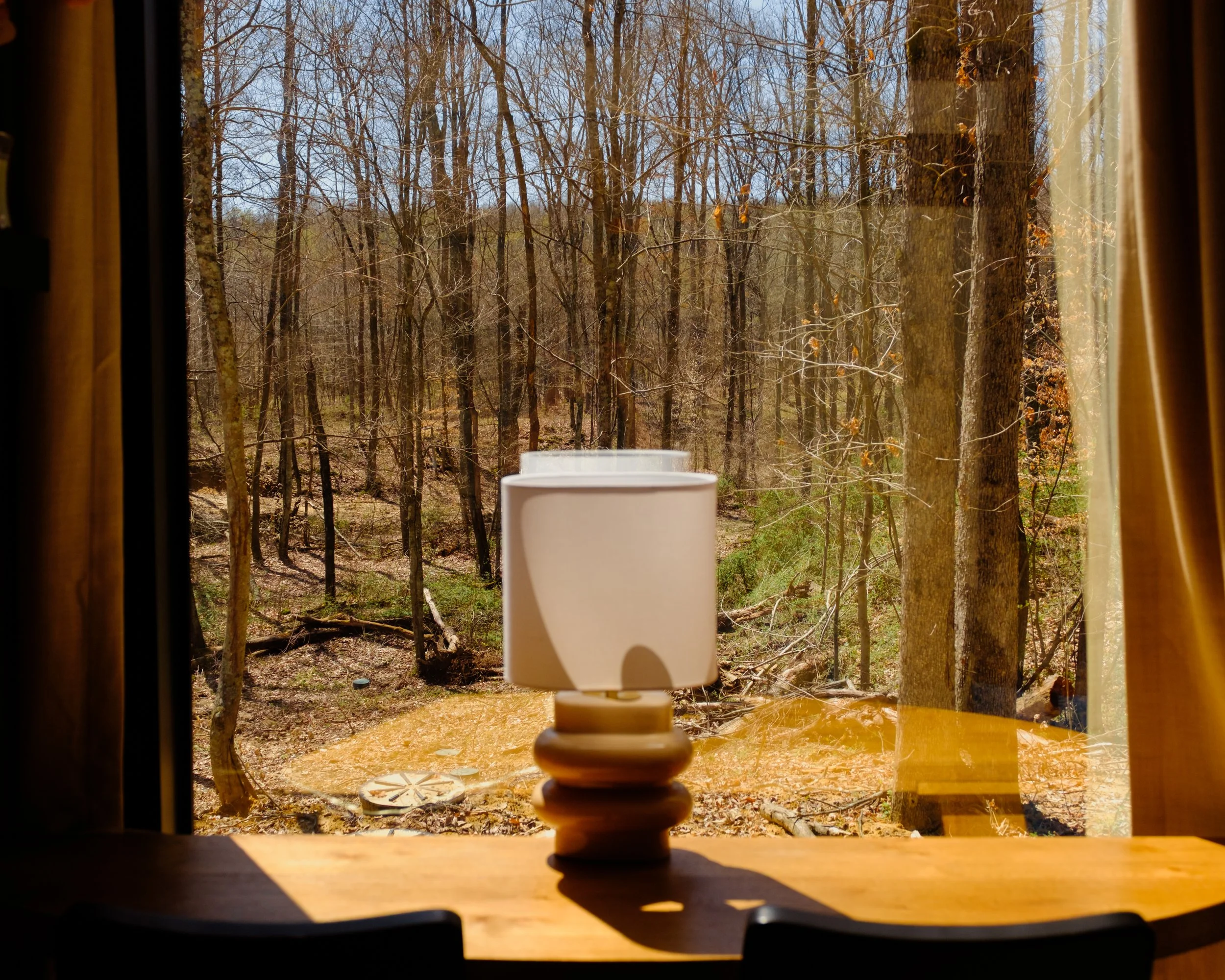 A nightstand lamp on a wooden table by a window, with a view of a forest with leafless trees outside on a clear day.