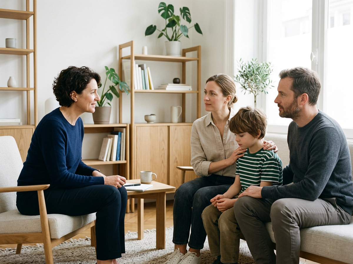 Une femme assise en face de trois personnes, une femme, un garçon et un homme, dans un salon lumineux, en train d'avoir une conversation.