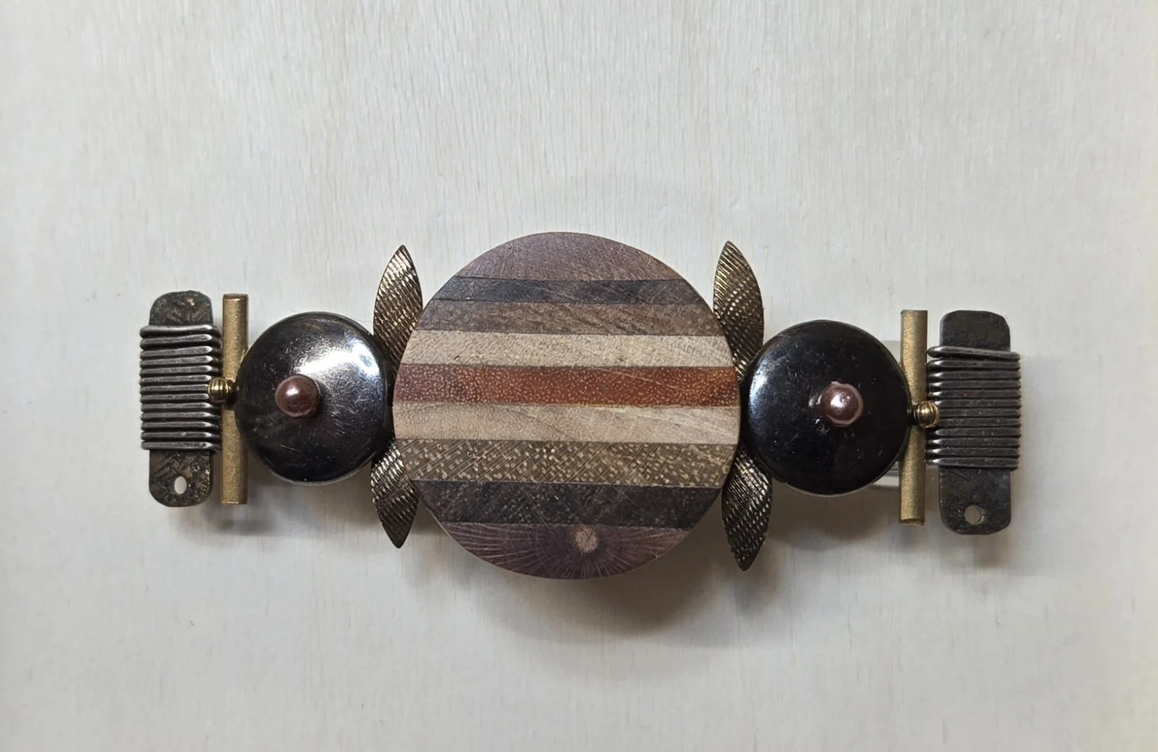 Hair Clip 05 - Found Wood, Metal, Beads  - 3" clip