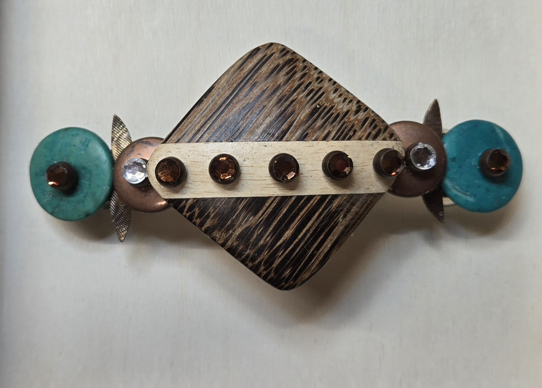 Hair Clip 06- Found wood, Metal, Beads,Crystals -3" clip
