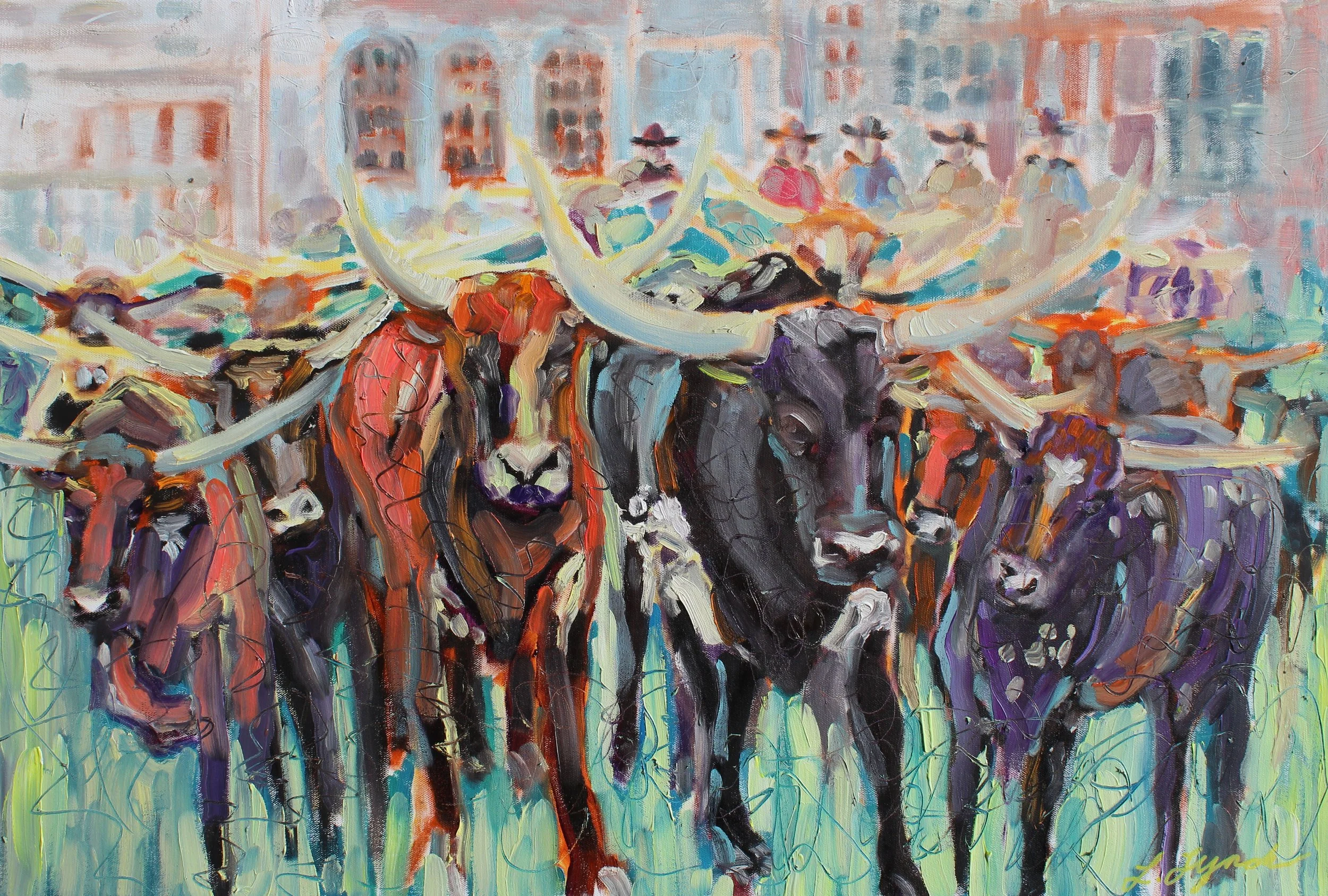Parade Longhorns, Oil Painting, 36x24"