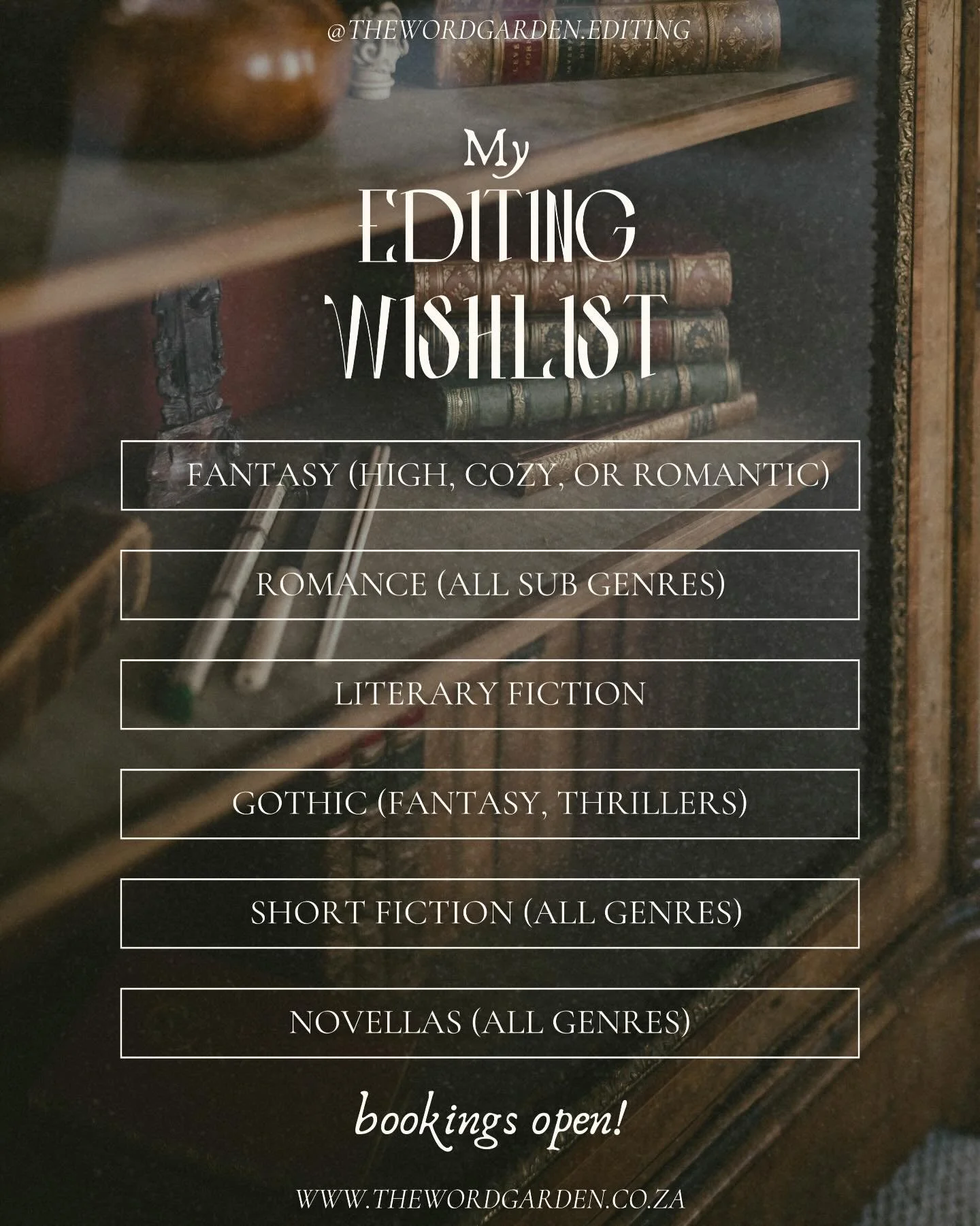 My editing wishlist🖋️

- fantasy🐉
- romance 💞
- literary fiction ☕️
- gothic 🐦&zwj;⬛
- short fiction and novellas 📚

My bookings for line edits, copy-edits, and proofreads are open📮 Link in bio! 

#bookeditor #writergram #authorsupport #fantasy