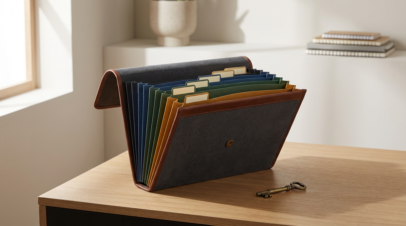 Organized business records and file folders on a wooden desk.