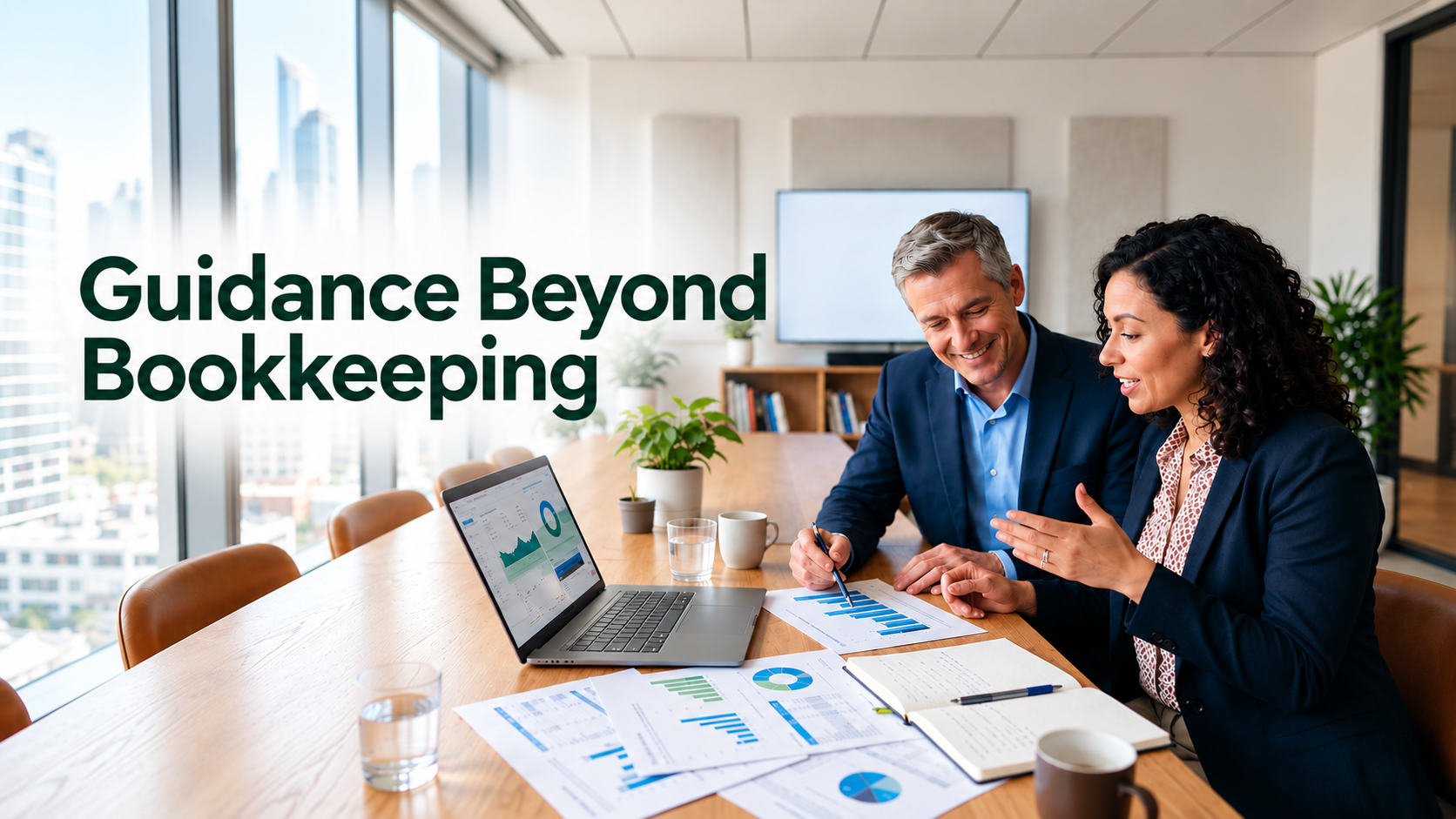 Two business professionals reviewing financial reports, with the words "Guidance Beyond Bookkeeping."