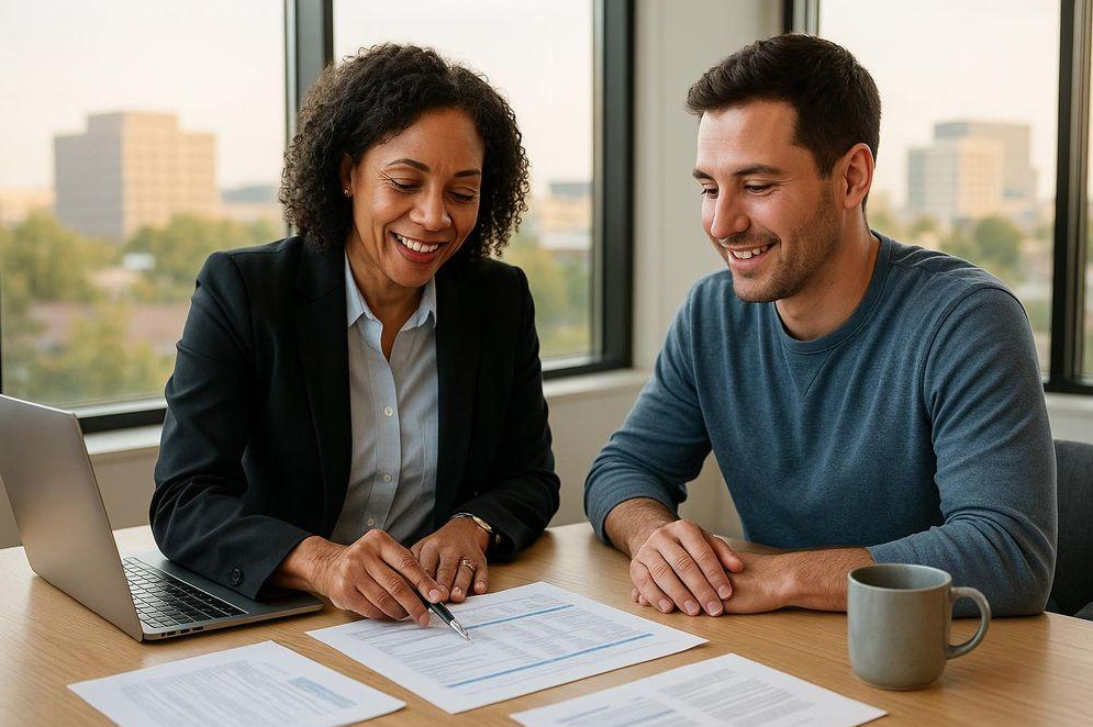 Business advisor and small business owner reviewing financial documents and discussing business finances.
