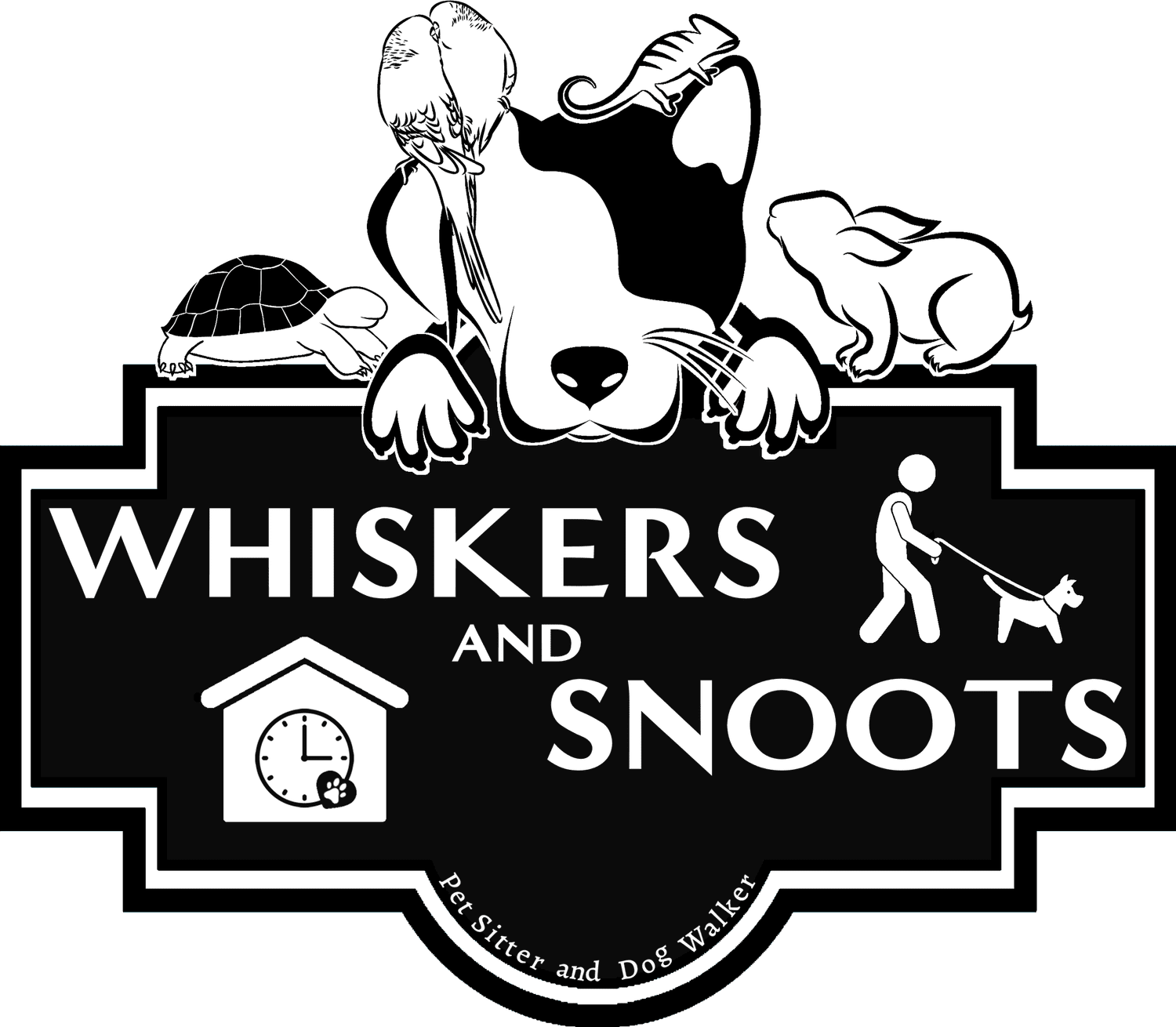 Whiskers and Snoots Pet Sitter and Dog Walker logo featuring a dog, cat, bird, turtle and small pets
