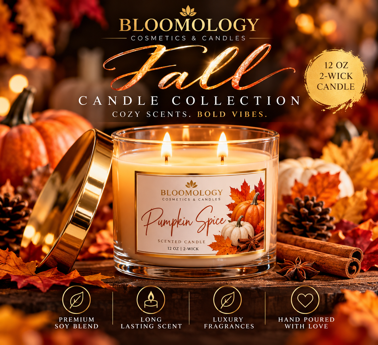 An autumn-themed advertisement for Bloomology's fall candle collection. The image features a lit pumpkin spice scented candle with fall leaves, pumpkins, pine cones, and cinnamon sticks in the background. Text highlights the candle's features, including a 12 oz size, 2-wick burning, long-lasting scent, luxury fragrances, and handcrafted quality.