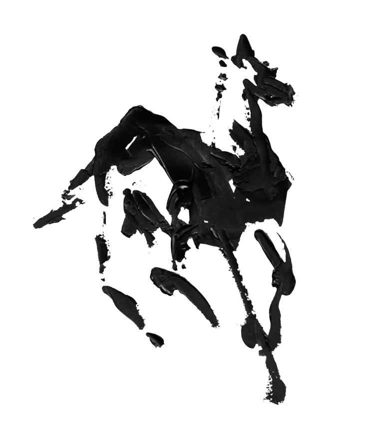 Abstract black and gray ink splash resembling a horse with a rider.