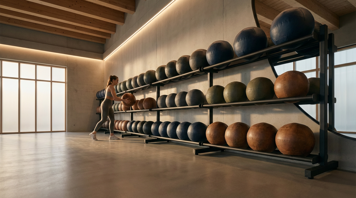 A woman at a gym arranging medicine balls on a rack in a spacious, well-lit workout area.