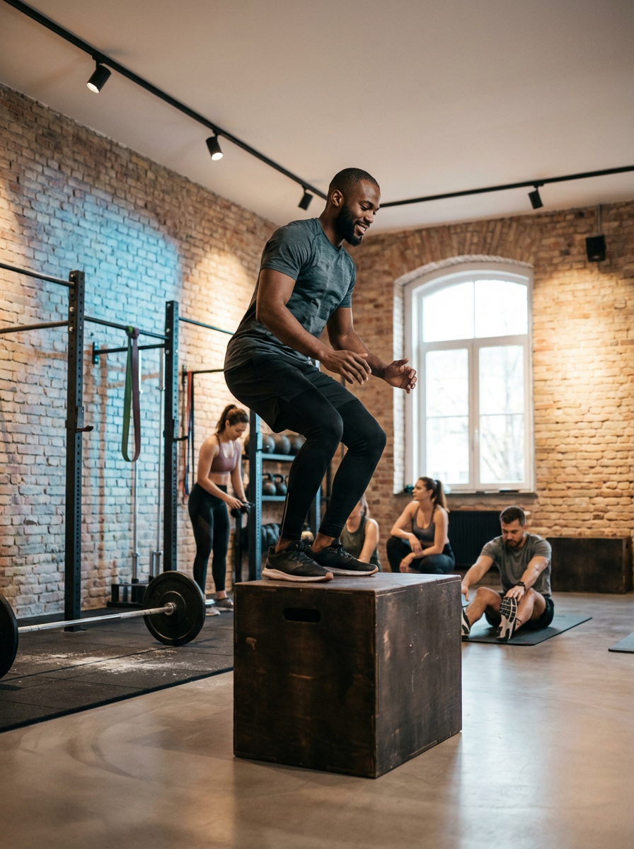 A man jumping onto a wooden box in a gym, with a group of people exercising in the background.