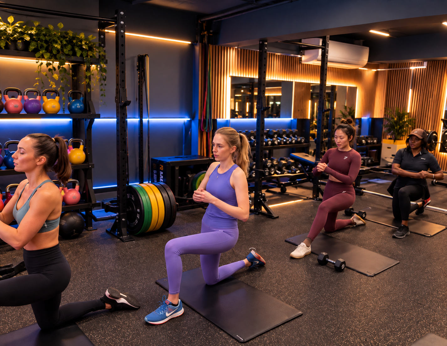 Four women in athletic attire performing kneeling lunges in a modern gym with weights and exercise equipment.
