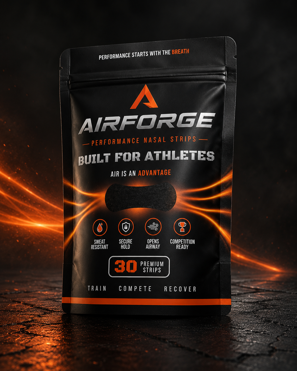 Black package of Airforge performance nasal strips with glowing orange design elements, emphasizing features like sweat resistance, secure hold, airway opening, and competition readiness, aiming at athletes.