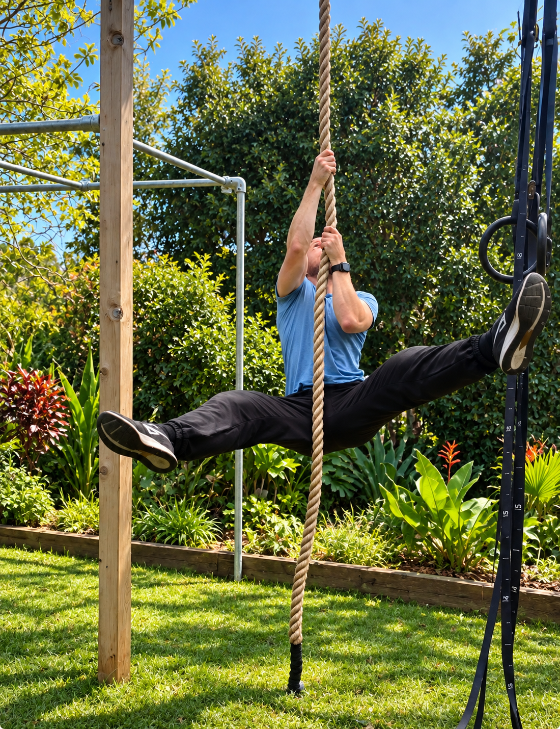 A man exercising outdoors on a fitness rope in a backyard with green plants and trees.