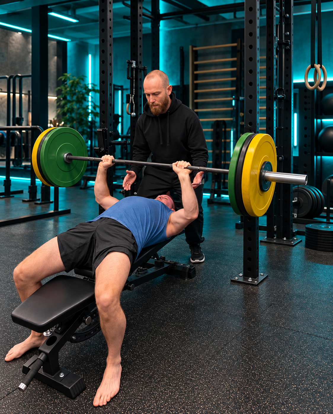 A man is lying on a weight bench performing a bench press with a barbell, while a trainer stands behind him in a gym with workout equipment and neon lighting.