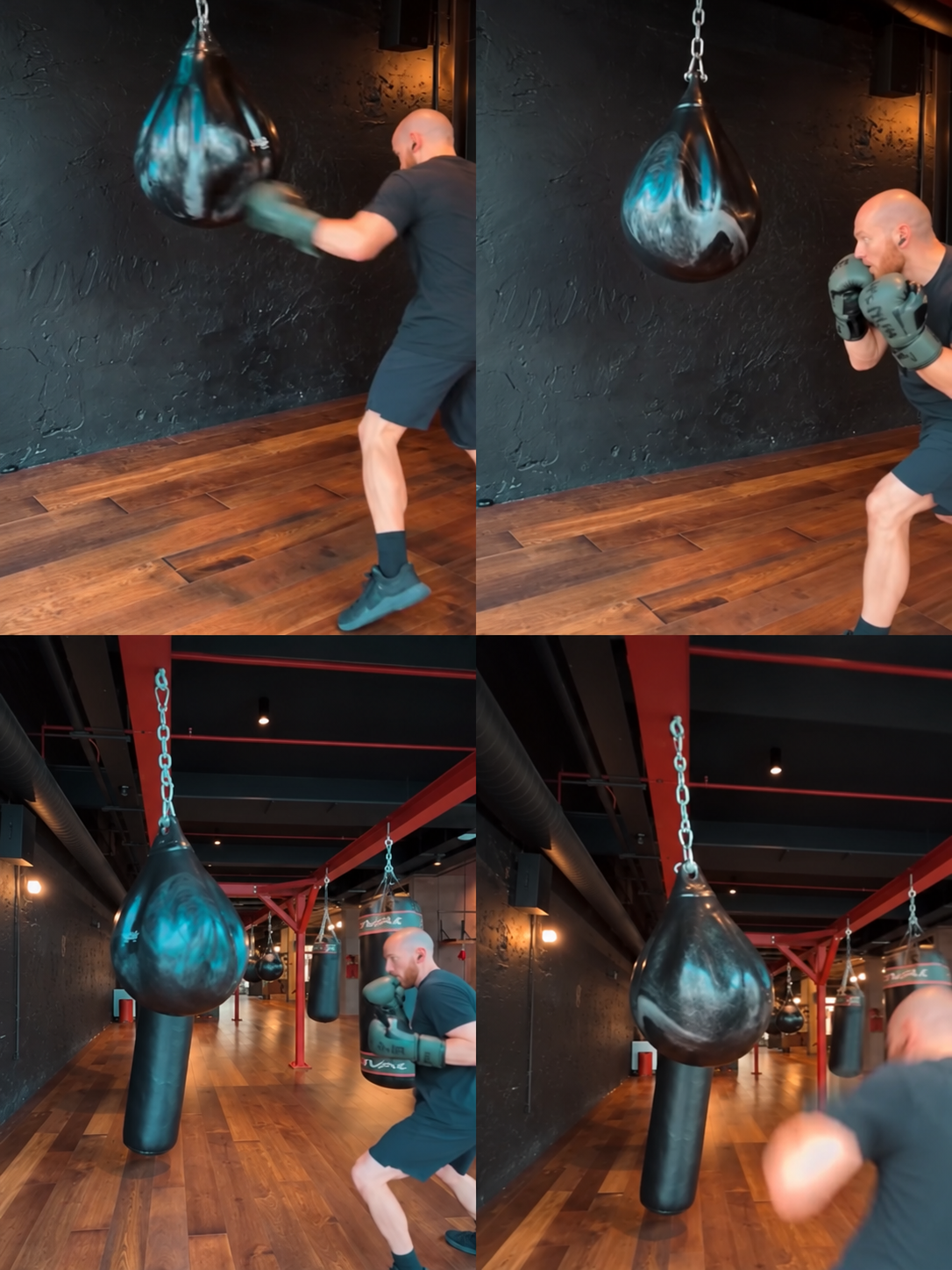 A man training with boxing gloves and a punching bag in a gym, performing striking exercises with a focus mitt and punching bag.