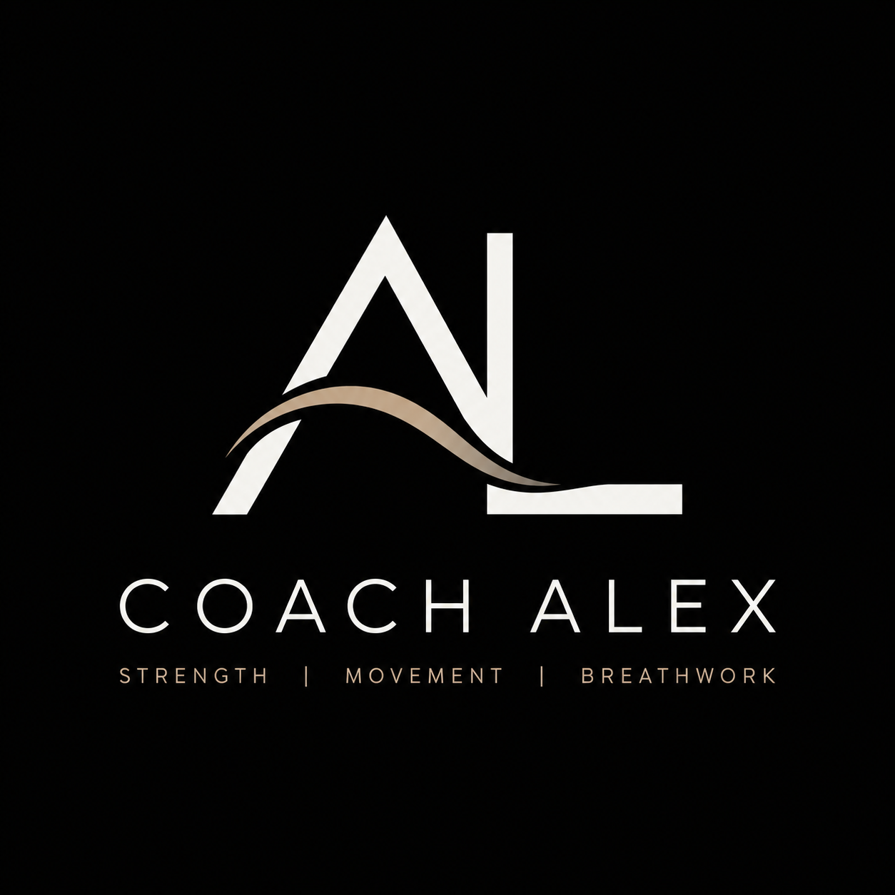 Logo for Coach Alex featuring a stylized letter A and L with a wave-like design, and the words Strength, Movement, Breathwork.