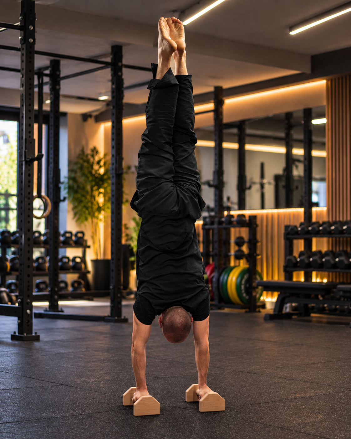 A man performing a handstand in a gym, balancing on wooden blocks with the gym machinery and weights in the background.