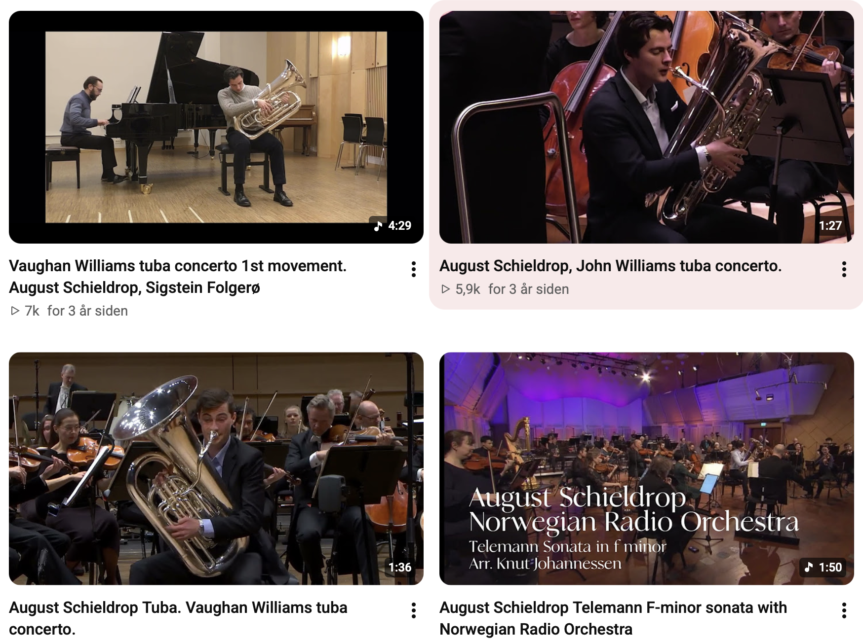 Four images of orchestras and solo musicians performing in concert halls, with titles indicating the music and performers.
