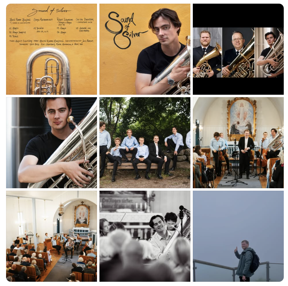 Collage of images featuring a jazz band called 'Sound of Silver' with young male musicians, some playing saxophone and others performing in a church and outdoor setting, audience in attendance.