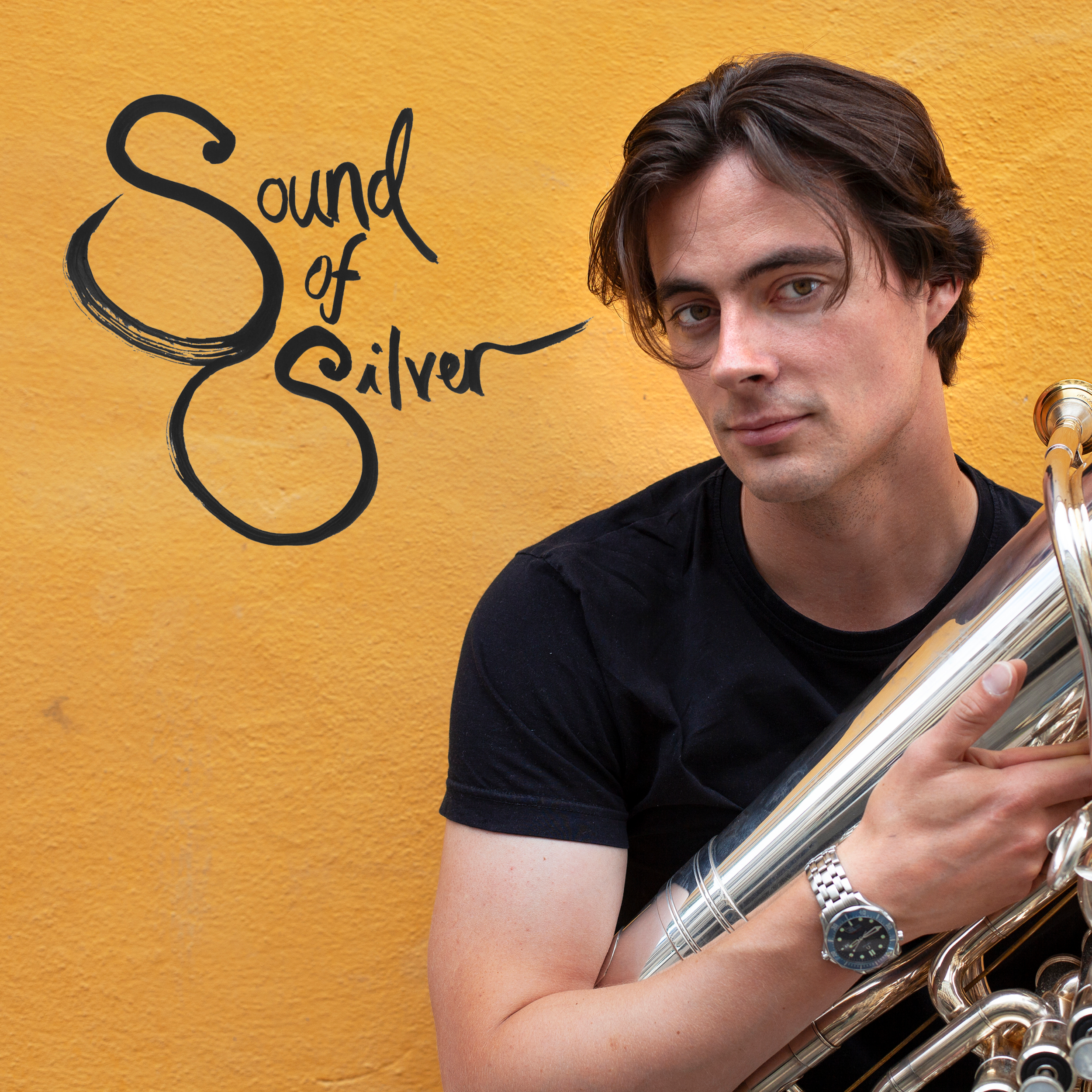 August Schieldrop, tuba soloist, on the cover of his new album called Sound of Silver. Photo by Beathe Schieldrop, design Mathea Rognerud