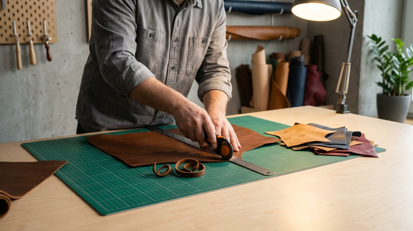 Personne coupant du cuir avec un cutter sur une planche à découper verte dans un atelier de couture.
