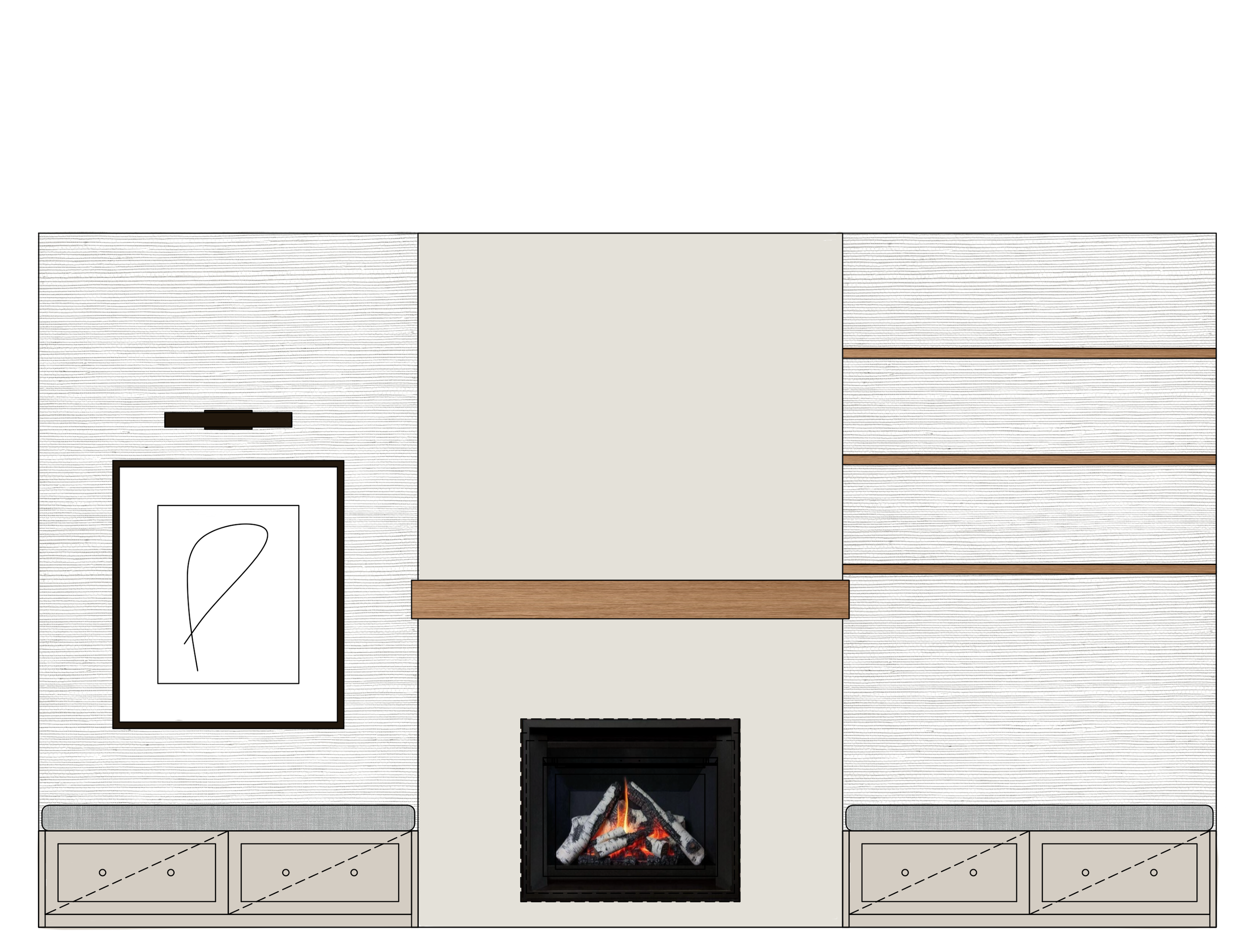 A top-down view of a modern living room with a fireplace, a large white area rug, a framed abstract art piece, and built-in cabinets with wood accents.