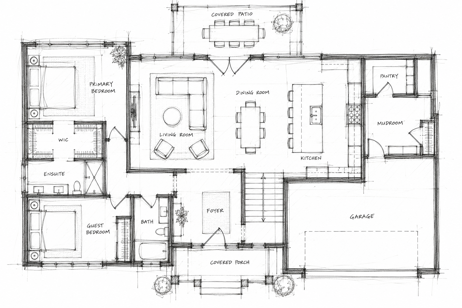 Architectural floor plan of a house featuring a primary bedroom with walk-in closet and ensuite, guest bedroom, guest bathroom, living room, dining room, kitchen, pantry, mudroom, garage, foyer, covered porch, and covered patio.
