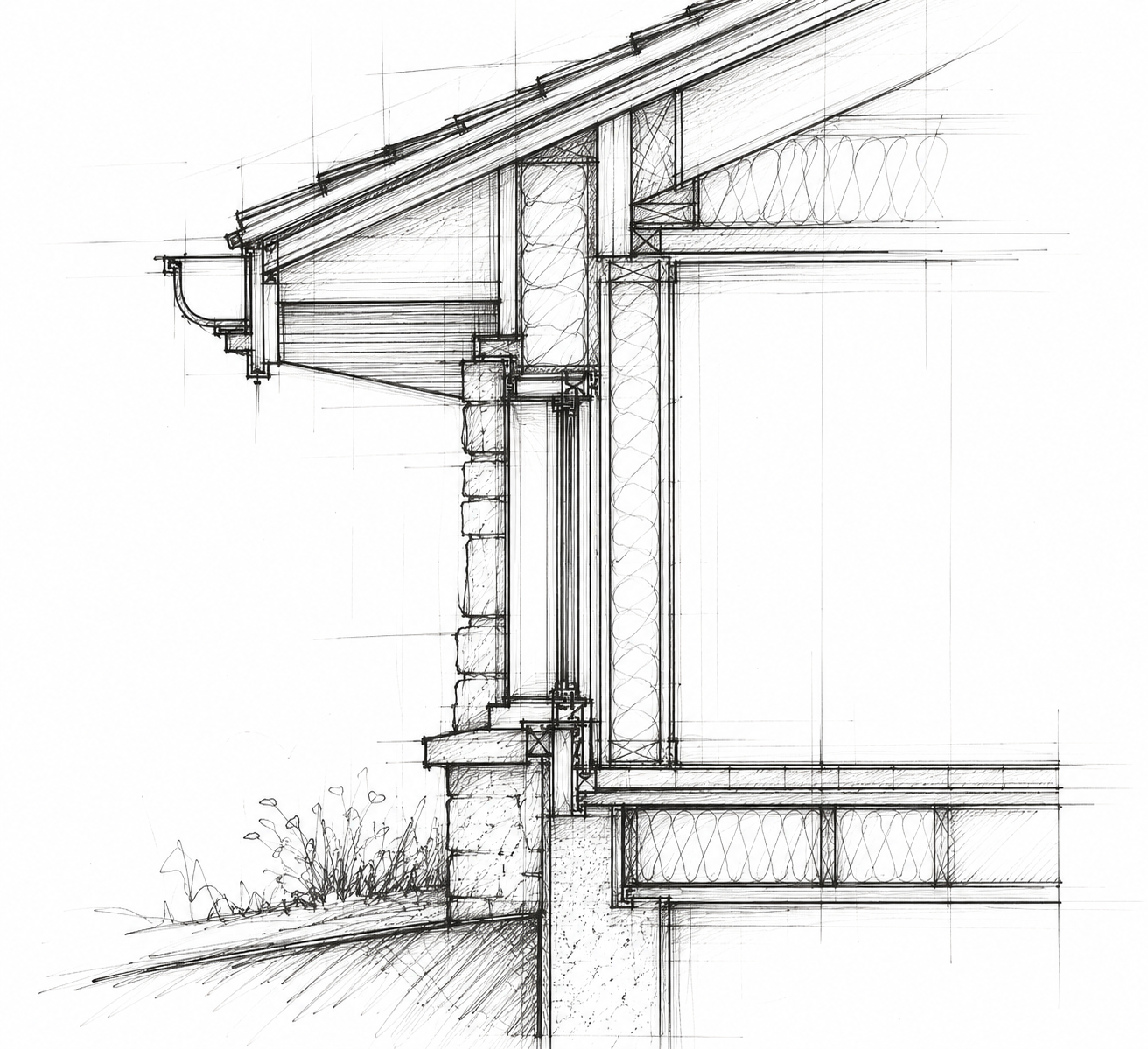 Architectural blueprint drawing of a building's section, showing detailed construction elements like wall layers, roof structure, and foundation.
