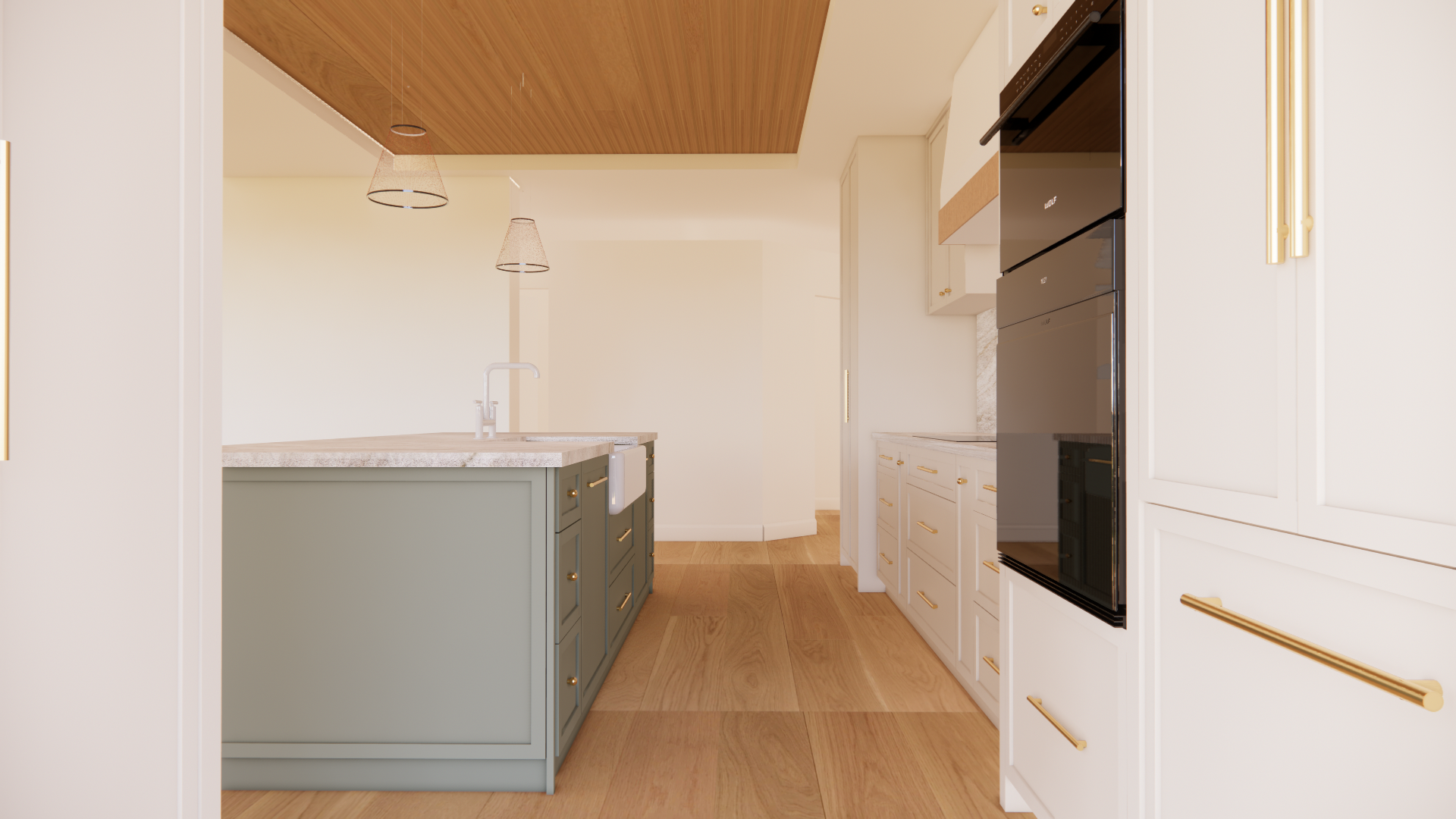 View of a modern kitchen with white and sage green cabinetry, gold hardware, a wood ceiling, and a built-in black oven.