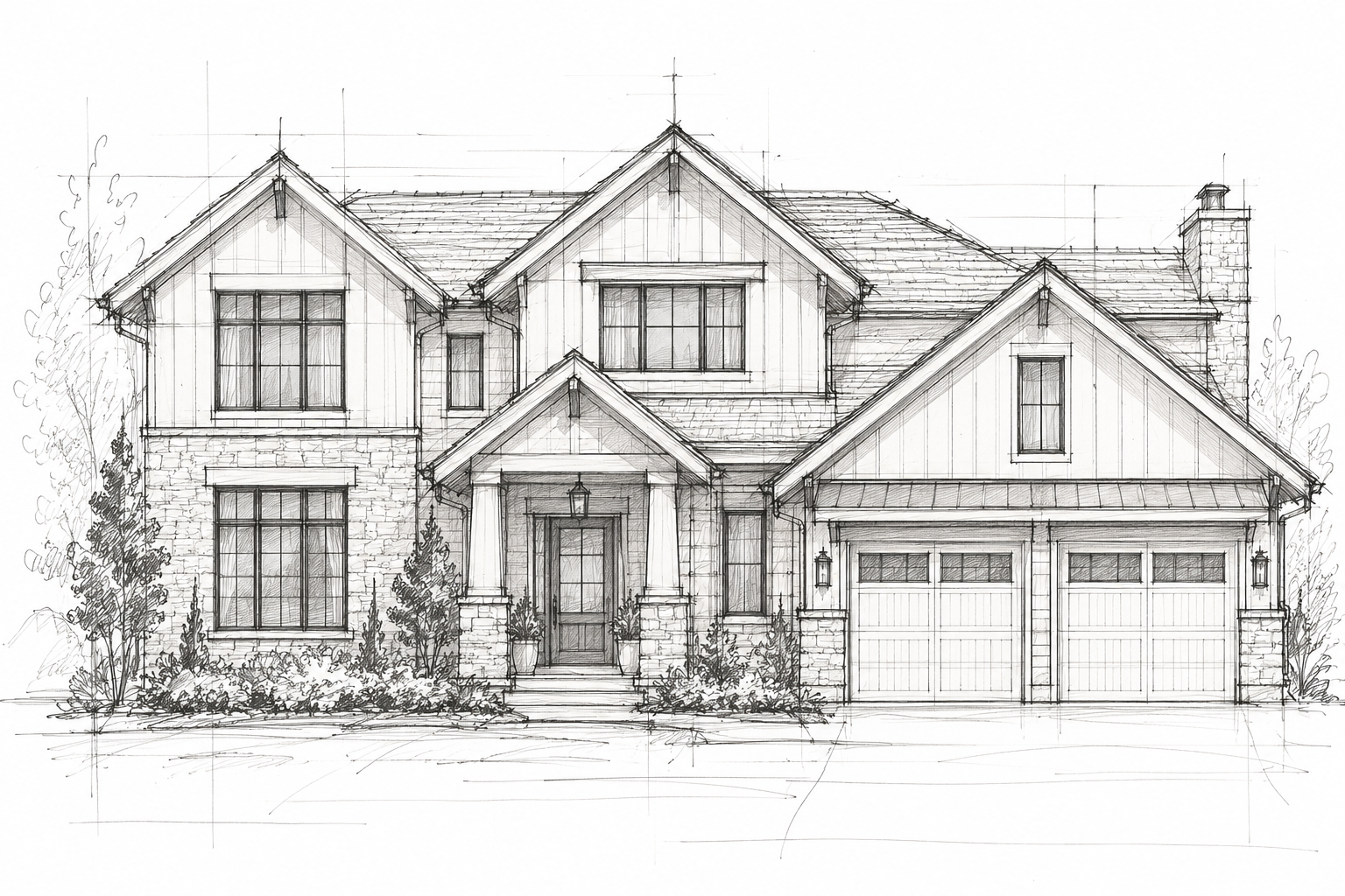 A detailed architectural sketch of a two-story house with a front porch, multiple gable roofs, large windows, and a two-car garage.