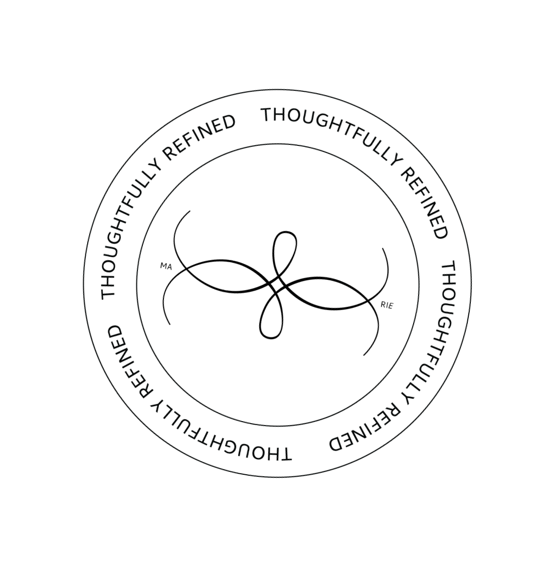 A circular logo with an infinity symbol in the center, surrounded by the words "Thoughtfully Refined" repeated twice.