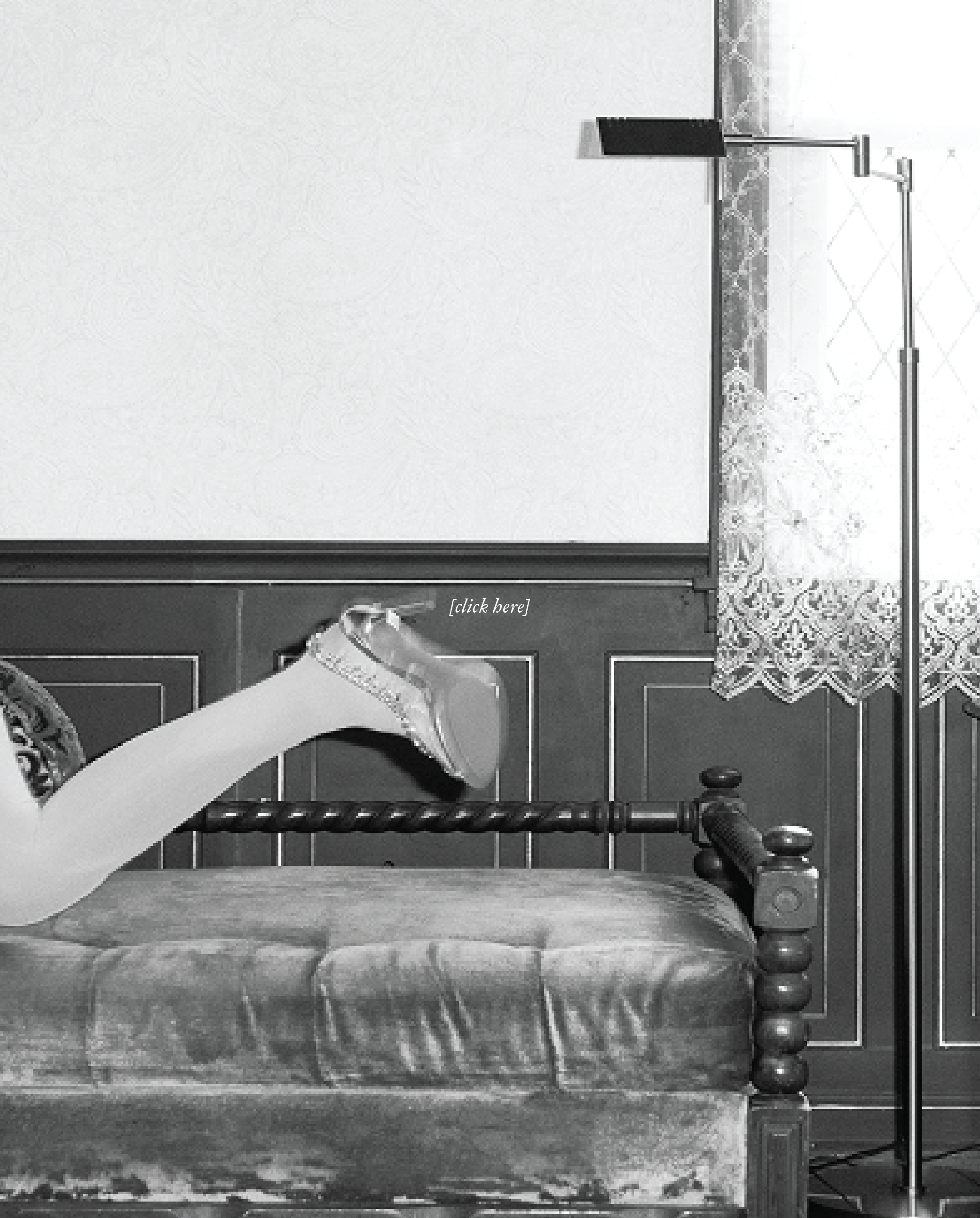 A vintage clock with a porcelain figure of a girl, featuring a plaid dress and a hat, in front of a white wall, next to a window with lace curtains and an ornate black metal table.
