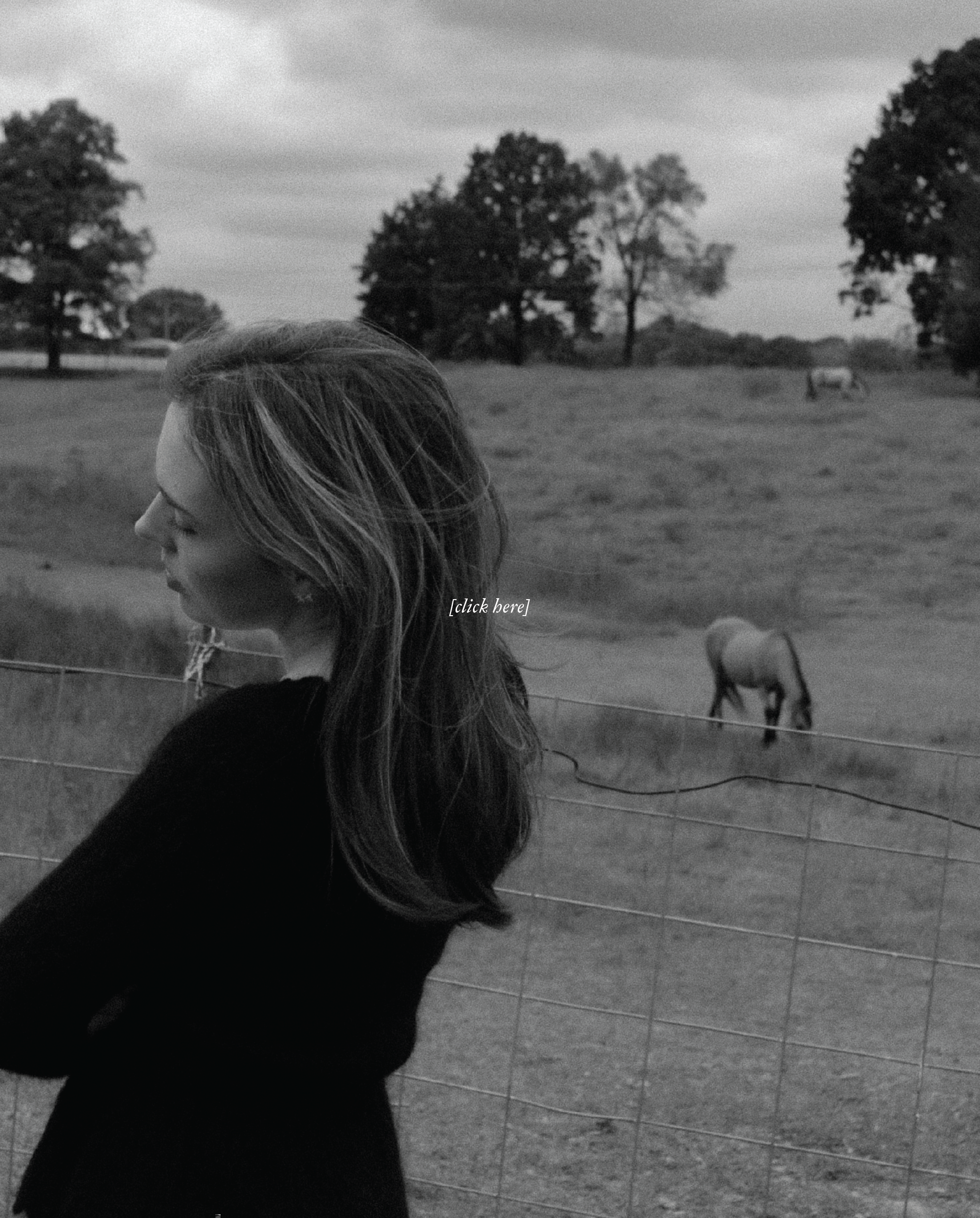 Black and white photo of a woman with long hair looking to the left, standing outdoors near a container with a wire fence in front. Behind her, there are two horses in a field with trees in the background under a cloudy sky.