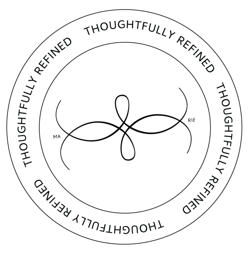 A circular logo with black background and grey text that reads: 'Thoughtfully Refined' repeatedly in a ring around the center, which contains a simple infinity symbol.