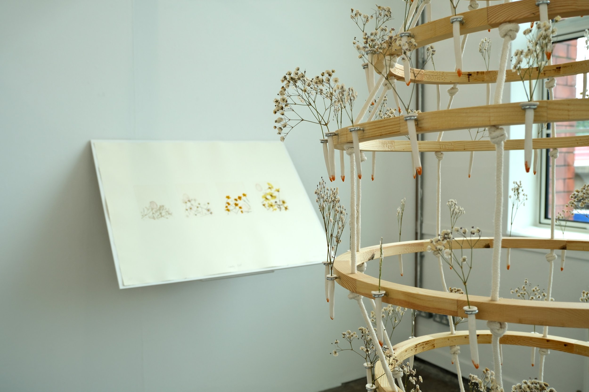 Close Up Image of Sculpture titled Cacophony with a Print titled Family Nest in the background..
