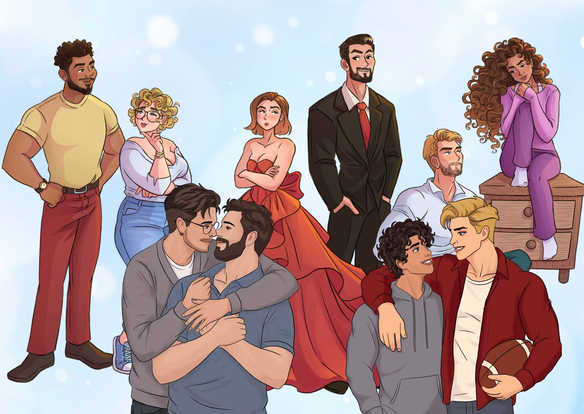 a photo of five couples from the covers. Three male-female couples from Manhattan line the back while two Male male couples from Texas stand in front